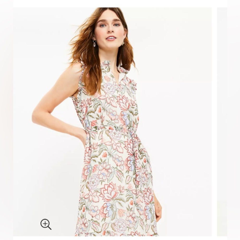 LOFT SLEEVELESS CREAM AND CORAL FLORAL PRINT MIDI DRESS SIZE XXS